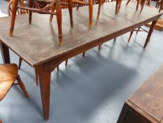 A LARGE FRENCH FARMHOUSE REFECTORY TABLE ON SQUARE TAPERED LEGS WITH END DRAWER. 272 x 86cms.