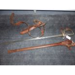 A WWII PERIOD DRESS SWORD WITH ETCHED BLADE AND GR CYPHER IN ORIGINAL LEATHER WRAPPED SCABBARD AND