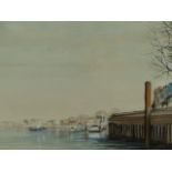 KEN MESSER (1935-) A THAMES VIEW, SIGNED WATERCOLOUR 18 x 36.5cms AND A COLOUR PRINT BY THE SAME