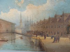 19th.C.CONTINENTAL SCHOOL. CANAL SCENE, SIGNED INDISTINCTLY, LOCATED VIENNA AND DATED 1877, OIL ON