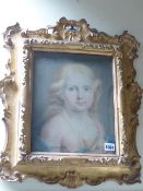 18th.C.CONTINENTAL SCHOOL. PORTRAIT OF A CHILD HOLDING A DOVE, PASTEL, IN CARVED GILTWOOD FRAME.