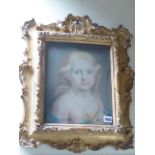 18th.C.CONTINENTAL SCHOOL. PORTRAIT OF A CHILD HOLDING A DOVE, PASTEL, IN CARVED GILTWOOD FRAME.