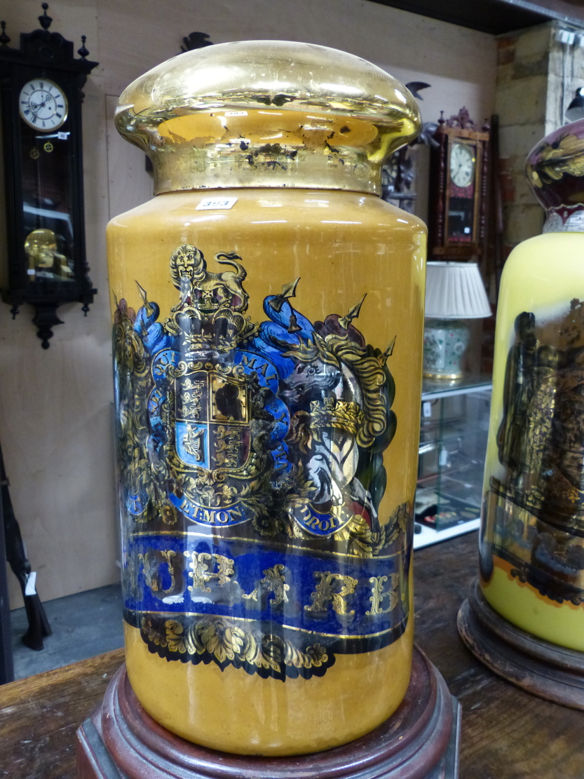 A LARGE VICTORIAN GILT AND POLYCHROME DECORATED GLASS APOTHECARY JAR WITH COVER, ORDER OF THE GARTER - Image 2 of 26