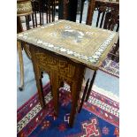 TWO MOORISH INLAID STANDS BOTH WITH CALLIGRAPHY AND MOTHER OF PEARL DECORATION. H.