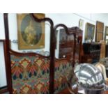 A FRENCH STYLE CARVED MAHOGANY THREE PANEL FLOOR SCREEN WITH GLAZED UPPER PANELS ABOVE LOWER