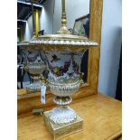 AN ANTIQUE FRENCH OLD PARIS PORCCELAIN TWIN HANDLE CAMPAGNA SHAPE URN MOUNTED AS A LAMP,