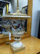 AN ANTIQUE FRENCH OLD PARIS PORCCELAIN TWIN HANDLE CAMPAGNA SHAPE URN MOUNTED AS A LAMP,