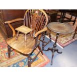 A 19th.C.WHEELBACK WINDSOR ARMCHAIR TOGETHER WITH A VICTORIAN CARVED OAK CHAIR,A RUSTIC OAK STOOL