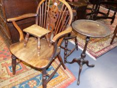 A 19th.C.WHEELBACK WINDSOR ARMCHAIR TOGETHER WITH A VICTORIAN CARVED OAK CHAIR,A RUSTIC OAK STOOL