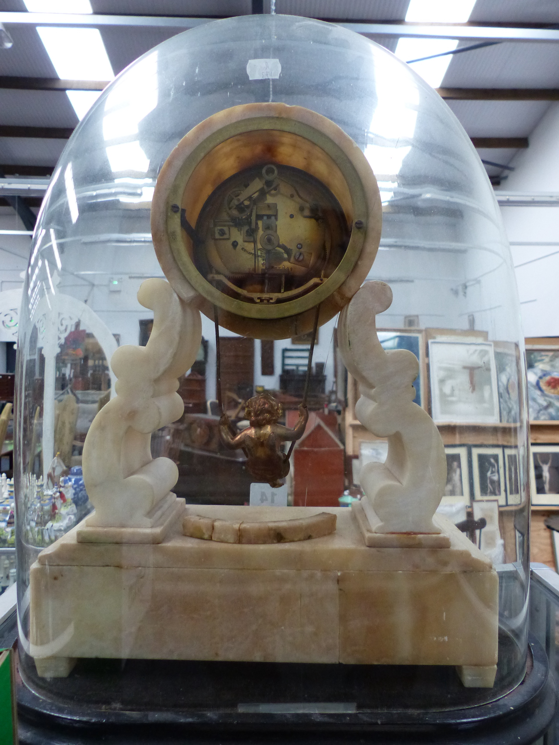 A VICTORIAN WHITE METAL MANTLE CLOCK WITH CHERUB SWING PENDULUM, WHITE ENAMEL CHAPTER RING WITH - Image 6 of 11