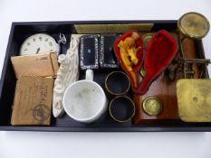 TWO PAPIER MACHE SNUFF BOXES, A GROUP OF WWII MEDALS AND OTHER VARIOUS COLLECTABLES.