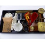 TWO PAPIER MACHE SNUFF BOXES, A GROUP OF WWII MEDALS AND OTHER VARIOUS COLLECTABLES.