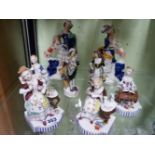 FOUR CONTINENTAL PORCELAIN POLYCHROME FIGURES REPRESENTING THE SEASONS TOGETHER WITH ANOTHER