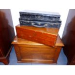 A MAHOGANY TABLE CABINET WITH RECESSED BRASS HANDLES, A CUTLERY BOX AND TWO DEED BOXES.