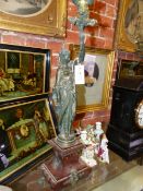 A PAIR OF 19th.C. FRENCH BRONZE AND MARBLE TORCHERE CANDLESTICKS, EACH OF A STANDING MAIDEN