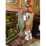 A PAIR OF 19th.C. FRENCH BRONZE AND MARBLE TORCHERE CANDLESTICKS, EACH OF A STANDING MAIDEN