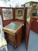 A MAHOGANY LATE VICTORIAN THREE FOLD DRESSING SCREEN WITH GLAZED TOP PANELS ABOVE FABRIC INSETS. H.