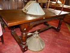 A BESPOKE 18th.C.STYLE OAK REFECTORY TABLE WITH CARVED FRIEZE , TURNED LEGS AND H-STRETCHER. 214 x