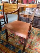 THREE 19th.C.INLAID MAHOGANY REGENCY STYLE DINING CHAIRS, A PAIR AND A SIMILAR ARMCHAIR.