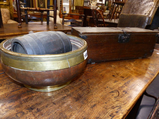 A 19th.C.BRASS BOUND TURNED BOWL, A SMALL COOPERED BARREL AND AN IRON BOUND SMALL PINE BOX.