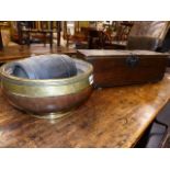 A 19th.C.BRASS BOUND TURNED BOWL, A SMALL COOPERED BARREL AND AN IRON BOUND SMALL PINE BOX.