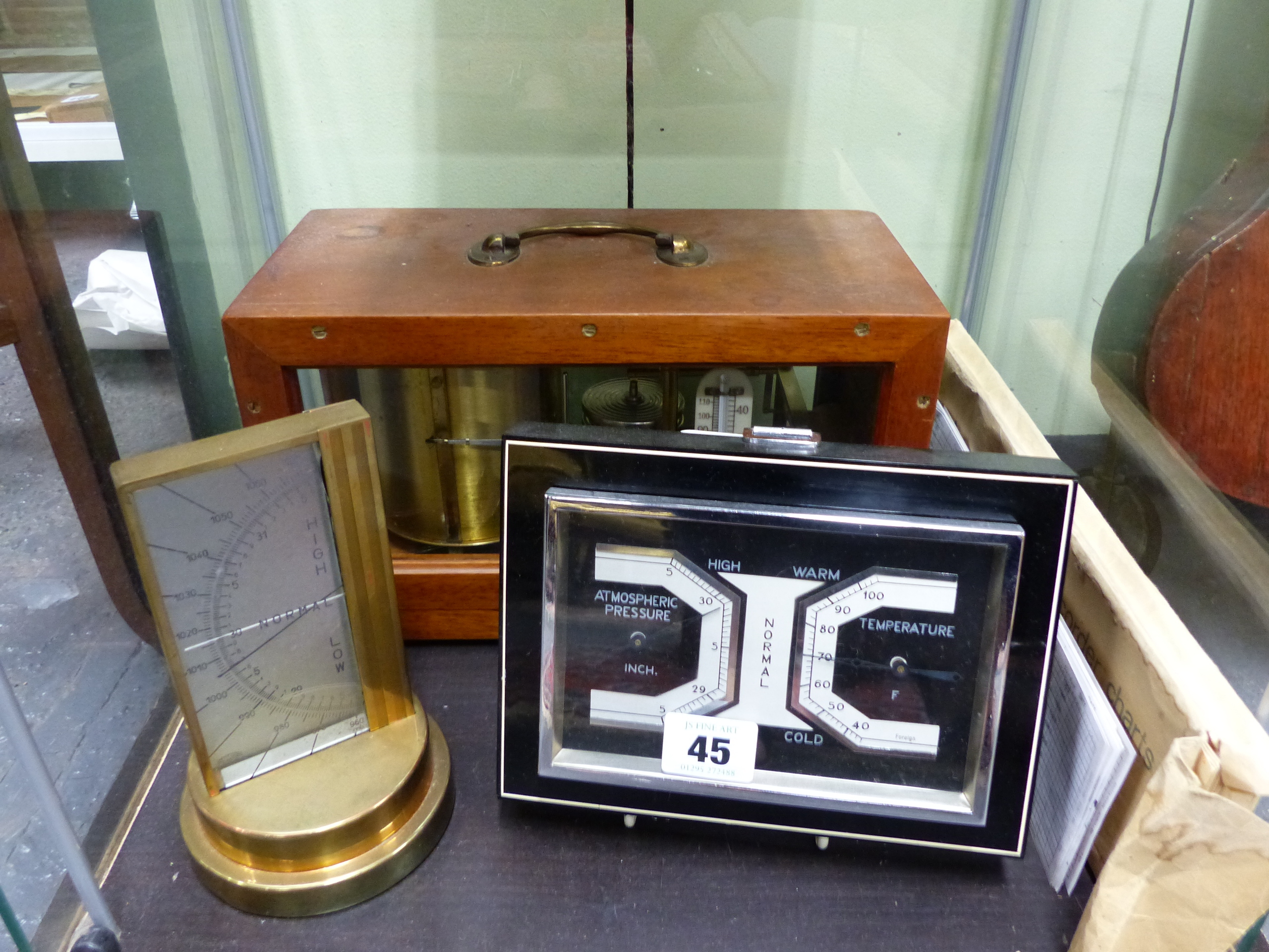 A 20th.C.MAHOGANY CASED BAROGRAPH WITH INTEGRAL THERMOMETER TOGETHER WITH A ZEISS ART DECO DESK