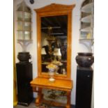 AN IMPRESSIVE ANTIQUE CONTINENTAL SATINBIRCH PIER MIRROR AND CONSOLE TABLE WITH CARVED ARCHED