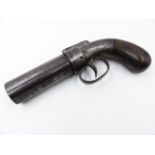 A 19TH CENTURY PERCUSSION PEPPERBOX REVOLVING PISTOL WITH SHROUDED NIPPLE GUARD AND BAR HAMMER.