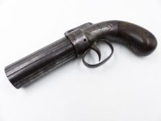 A 19TH CENTURY PERCUSSION PEPPERBOX REVOLVING PISTOL WITH SHROUDED NIPPLE GUARD AND BAR HAMMER.