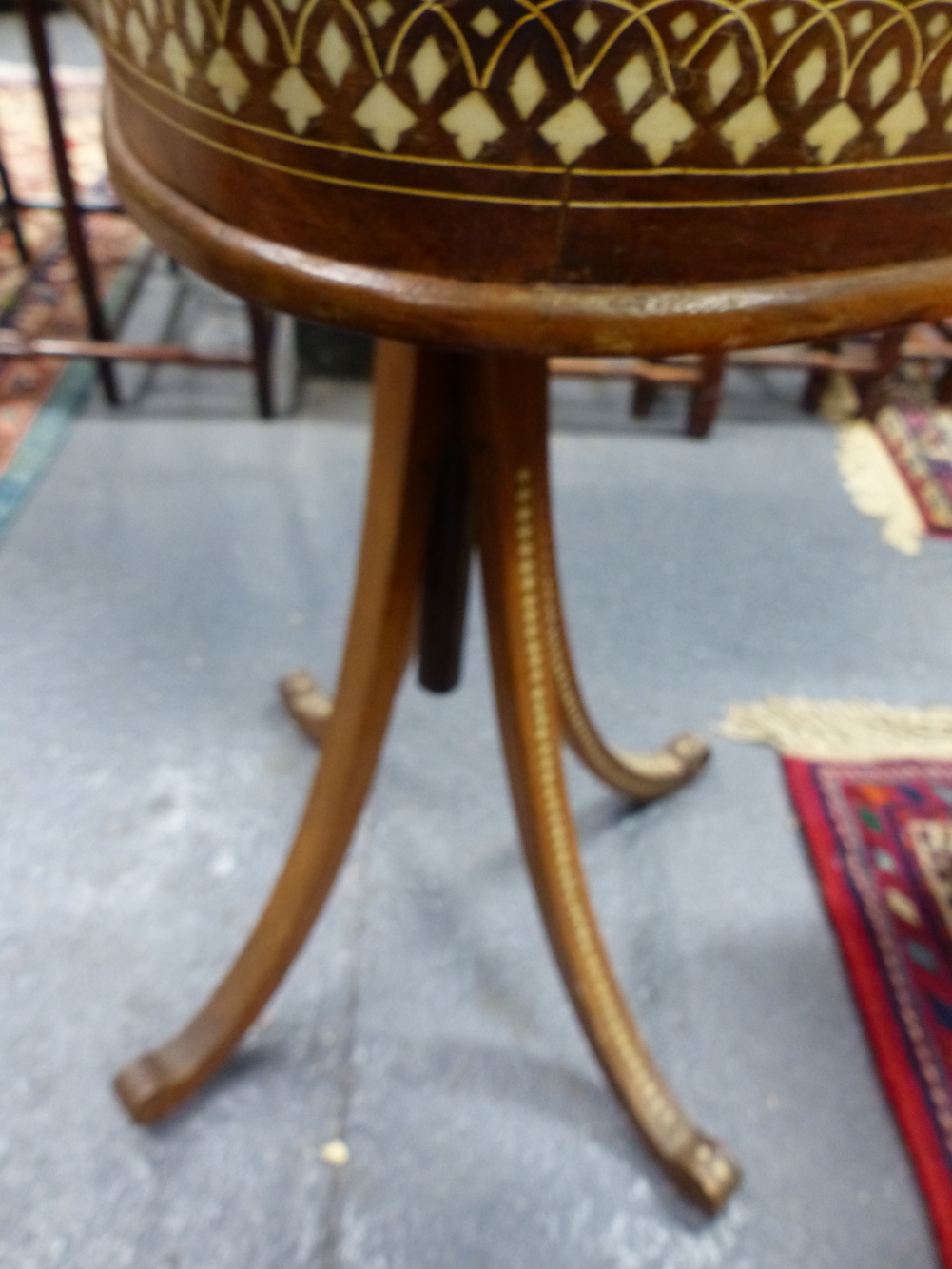 AN INDO PERSIAN INLAID HARDWOOD DRESSING MIRROR ON STAND, ALL OVER BANDED DECORATION WITH ANIMAL AND - Image 25 of 25