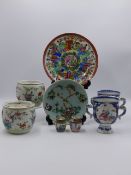 A PAIR OF CHINESE EXPORT FAMILLE ROSE DECORATED TWIN HANDLE FOOTED CUPS TOGETHER WITH VARIOUS JARS