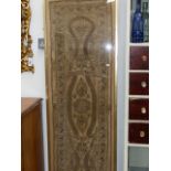 TWO ANTIQUE EASTERN, POSSIBLY TURKISH, SILK AND METALLIC THREAD WORKED PANELS OF SCROLLS AND