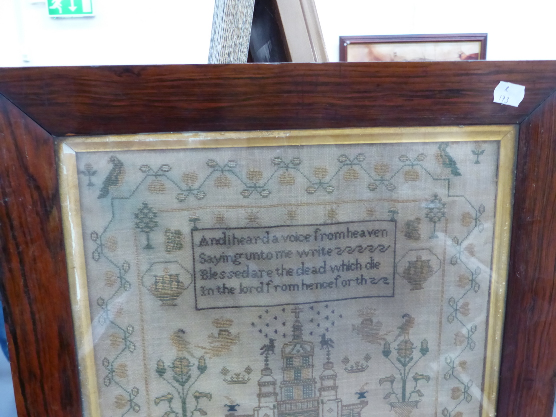 A VICTORIAN NEEDLEPOINT SAMPLER WITH A SCENE OF ST.PAUL'S CHURCH, COVENT GARDEN BELOW VERSE WITH - Image 4 of 9