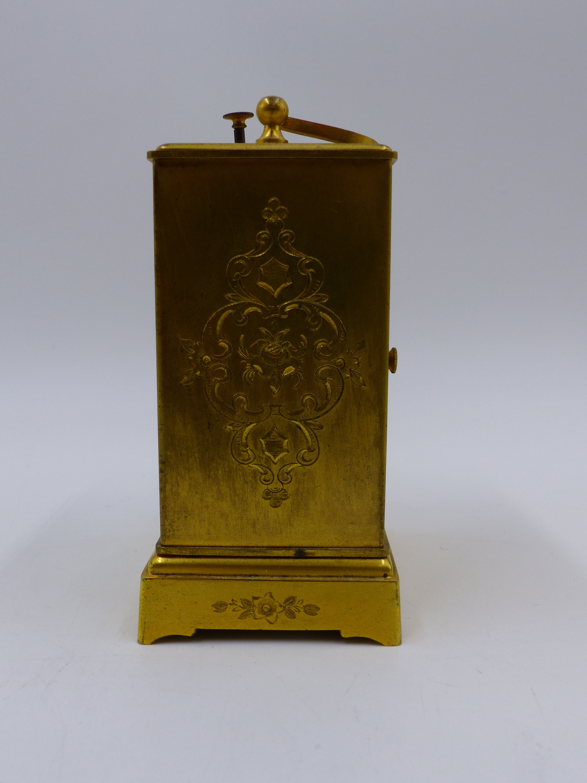 A SMALL GILT BRASS CASED DRESSING TABLE OR BEDSIDE CLOCK WITH ALARM AND PUSH 1/4 REPEAT BELL - Image 2 of 9