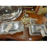 TWO SILVER PLATED TUREENS, A SERVING TRAY, CUTLERY,ETC.