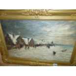 20th.C.SCHOOL. RURAL VILLAGE IN WINTER, BEARS SIGNATURE, OIL ON CANVAS. 36 x 56cms.