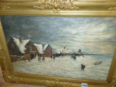 20th.C.SCHOOL. RURAL VILLAGE IN WINTER, BEARS SIGNATURE, OIL ON CANVAS. 36 x 56cms.