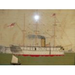 A VINTAGE WOOLWORK PICTURE OF H.M.S.JUMNA IN MAPLE FRAME, HISTORICAL DETAILS VERSO. 51 x 59cms.
