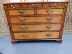 A GOOD LATE GEORGIAN OAK AND MAHOGANY CROSS BANDED AND INLAID CHEST WITH THREE FRIEZE DRAWERS OVER