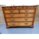 A GOOD LATE GEORGIAN OAK AND MAHOGANY CROSS BANDED AND INLAID CHEST WITH THREE FRIEZE DRAWERS OVER