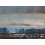 MICHAEL BARNFATHER (1934-) BLUE SKY LANDSCAPE, SIGNED OIL ON BOARD. 40 x 80cms.