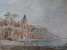 OLD MASTER SCHOOL. RIVERSIDE VILLAGE SCENE WITH FOREGROUND FIGURES, WATERCOLOUR. 32 x 49.5cms.