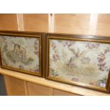 TWO ANTIQUE FRENCH SILK AND WOOLWORK TAPESTRY PANELS OF ANIMALS IN FLORAL SURROUNDS. 32 x 44cms.