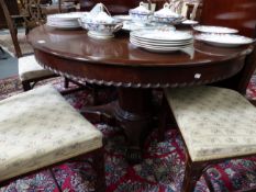 A VICTORIAN CARVED MAHOGANY EXTENDING DINING TABLE, CIRCULAR WHEN CLOSED (D.128cms) WITH TWO