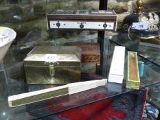 THREE EASTERN BOXES AND THREE FANS TO INCLUDE AN ANGLO INDIAN GAMES BOX, A BRASS COFFER AND A CARVED