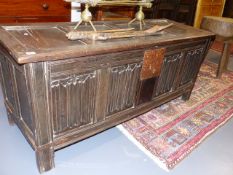 A S 17th/18th.C.OAK COFFER WITH LINENFOLD PANEL FRONT. W.149cms