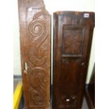 TWO ANTIQUE CARVED WOOD ARCHITECTURAL PANELS, ONE OF DRAGONS 22 x 100, THE OTHER OF A GOTHIC