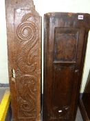 TWO ANTIQUE CARVED WOOD ARCHITECTURAL PANELS, ONE OF DRAGONS 22 x 100, THE OTHER OF A GOTHIC