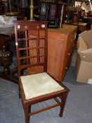 AN EARLY 20th.C.ARTS AND CRAFTS SIDE CHAIR WITH LATTICE BACK TOGETHER WITH AN ART NOUVEAU