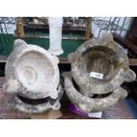 A GROUP OF FOUR ANTIQUE CARVED MARBLE MORTARS.